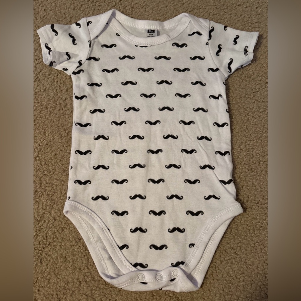 HB Baby Boys 3-6M Bodysuit One Piece White W/ Black Mustache Print 100% Cotton